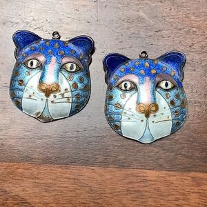 Vintage Laurel Burch 925 Sterling Silver Rare Blue Enamel Cat Earrings Stamped